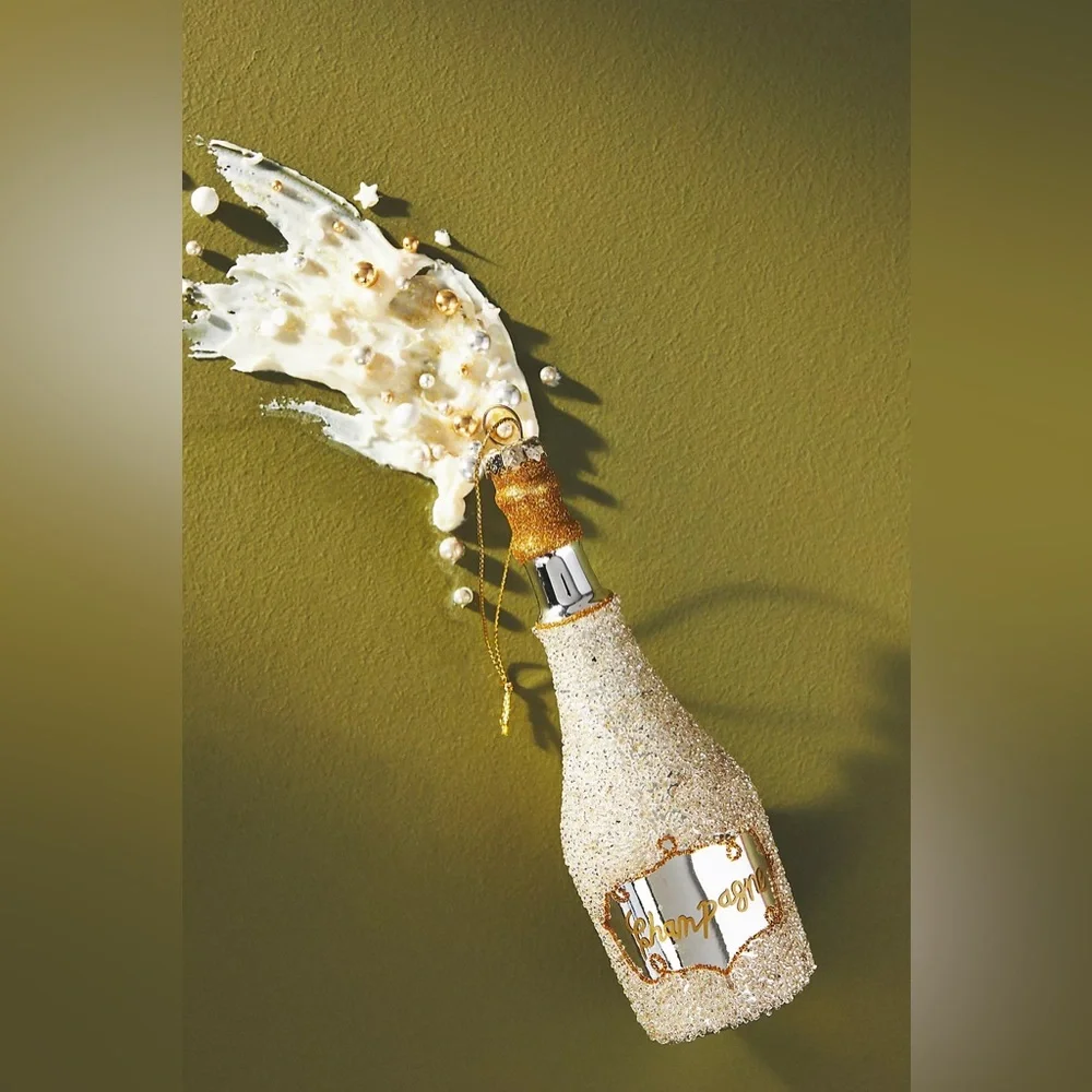 Beaded Gold Champagne Bottle Glass Ornament